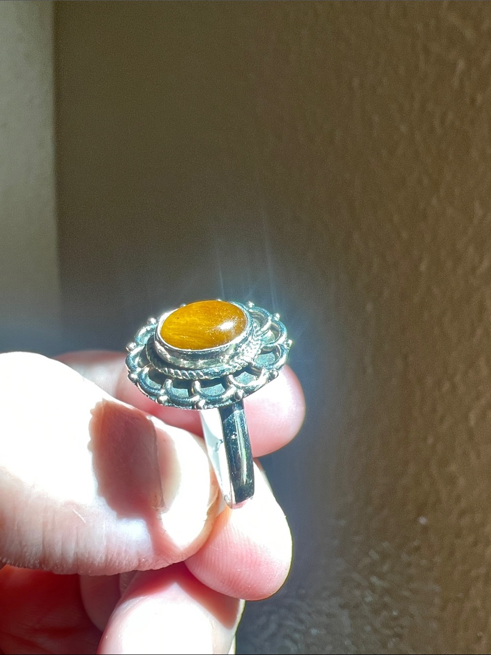Sterling Silver Tiger's Eye Halo Ring - Brown Stone Size 7